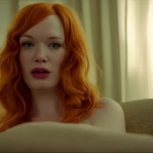 Image similar to amazing beautiful Christina Hendricks with mouth wide open in the living room, film still from the movie directed by Denis Villeneuve , wide lens