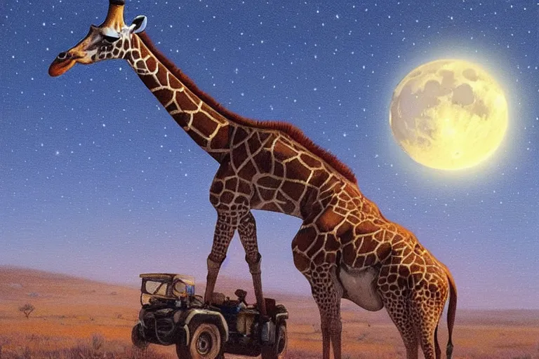 Image similar to ford giraffe, art by james gurney, trending on artstation, moon light isometric view tonalism, bokeh, surrealism, infrared, dadaism