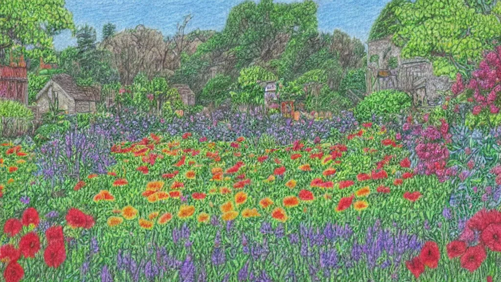 Prompt: a Coloured pencil drawing of a beautiful garden