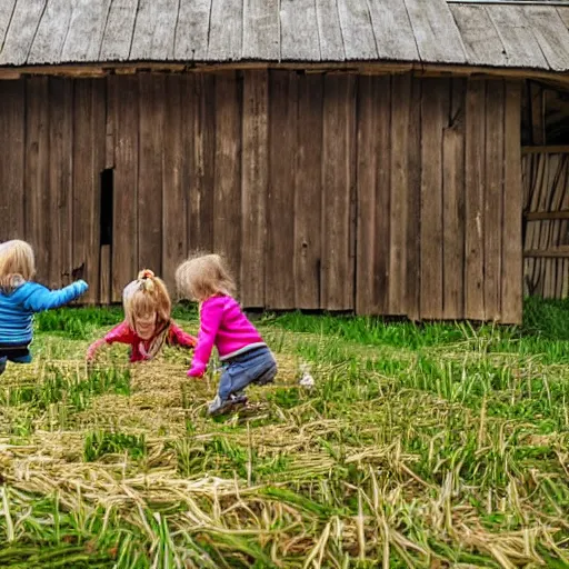 Prompt: children playing in a haymow inside a wooden barn