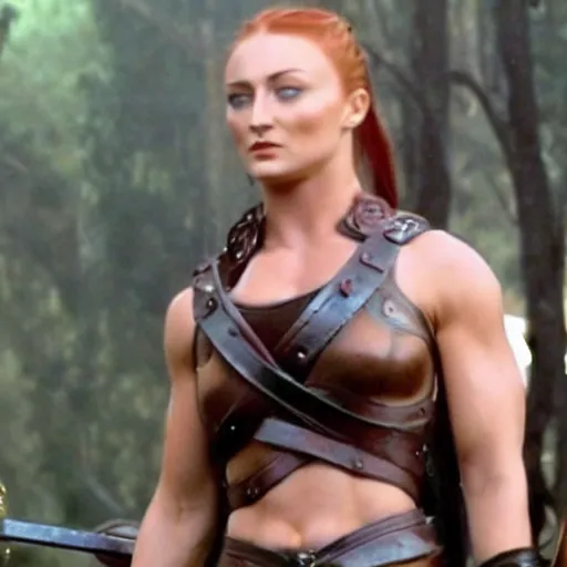 Image similar to still of muscular sophie turner in xena, six packs abs