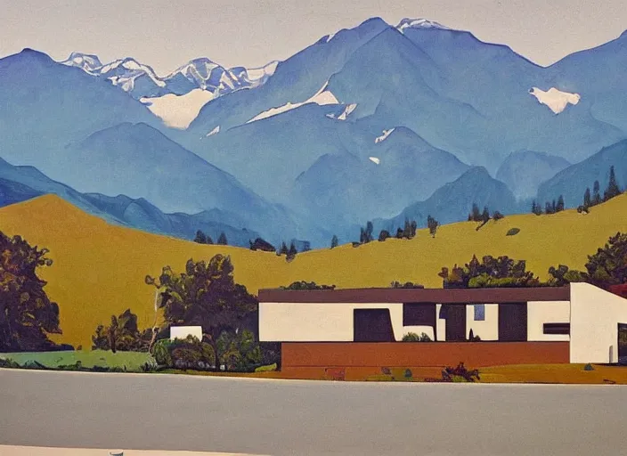 Image similar to painting of a corbusier house in in front of beautiful mountains by wayne thiebaud