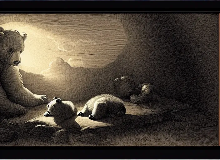 Image similar to Pieter Claesz's 'a bear and her cub sleeping in a dark cave, lit by hole in roof', night time, cross hatching, backlit, beautiful wooden frame, monochrome, colours of the sunset