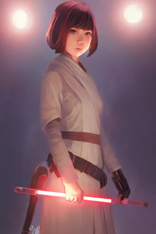 Image similar to a portrait of a cute female jedi, star wars setting, vivid colors, soft lighting, atmospheric, cinematic, moody, in the style of ilya kuvshinov and range murata, krenz cushart, oil on canvas, 8 k