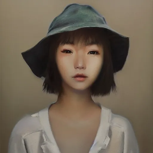 Image similar to oil painting by ilya kuvshinov,, baugh casey, craig mullins, coby whitmore, of a youthful japanese girl, long hair, fishing and wearing fisherman's outfit, fisherman's hat, highly detailed, breathtaking face, studio photography, noon, intense bounced light, water reflection, large tree casting shadow, serine intense sunlight