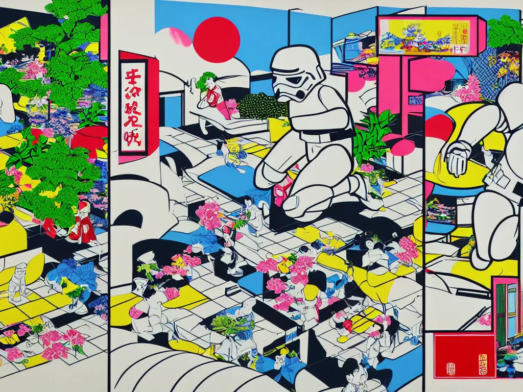 Image similar to hyperrealistic composition of the japanese home with a garden, stormtrooper in hot springs, pop - art style, jacky tsai style, andy warhol style, roy lichtenstein style, pastel palette, acrylic on canvas