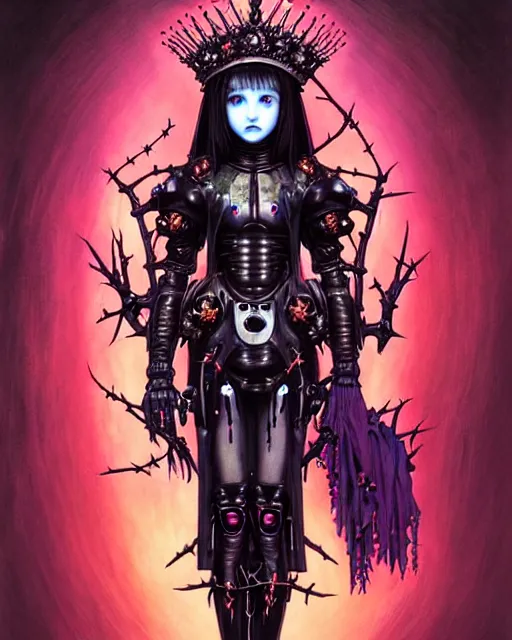 Image similar to portrait of beautiful cute goth maiden girl with crown of thorns in warhammer demonic mechanical armor, high details, neon colors, art by ( ( ( kuvshinov ilya ) ) ) and wayne barlowe and gustav klimt and artgerm and wlop and william - adolphe bouguereau