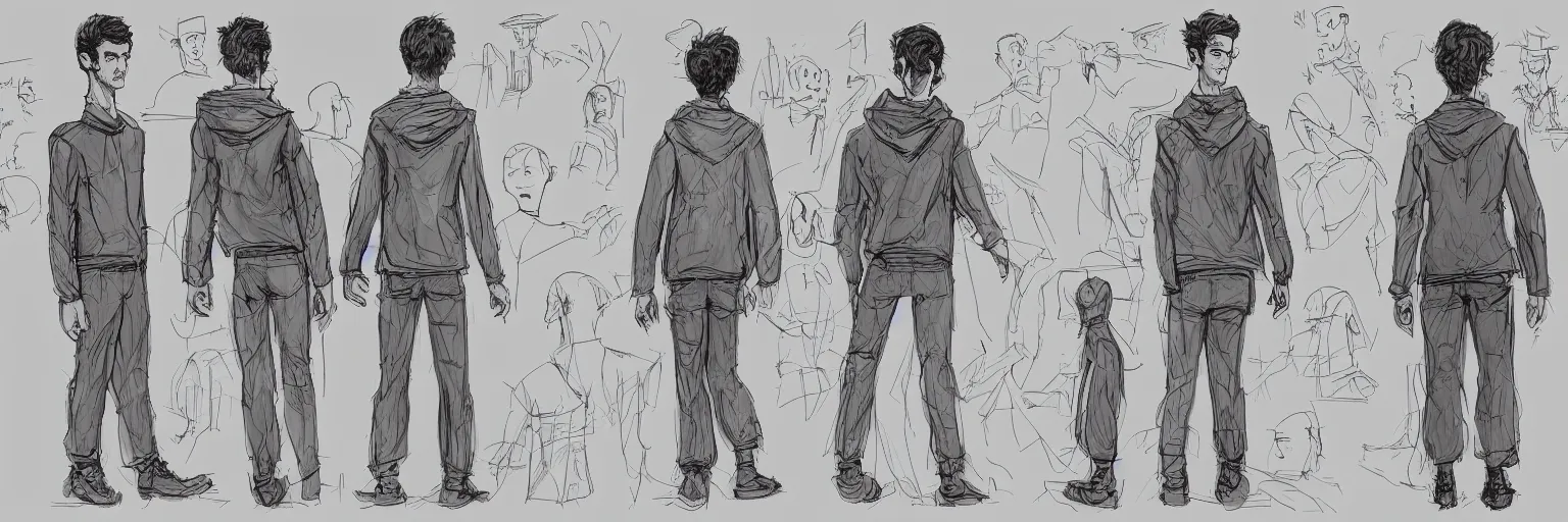 Image similar to character study of julian lage and andrew garfield, clear faces, innocent, naive, character sheet, fine details, concept design, contrast, kim jung gi, pixar and da vinci, trending on artstation, 8 k, full body and head, turnaround, front view, back view, ultra wide angle