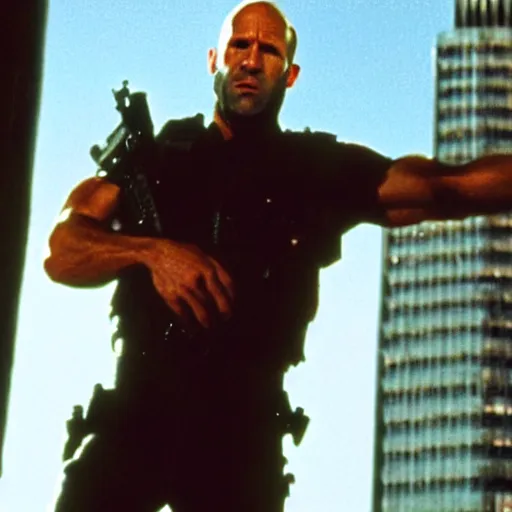 Image similar to film still of jason statham as cop in diehard movie, cinematic screen, middle shot