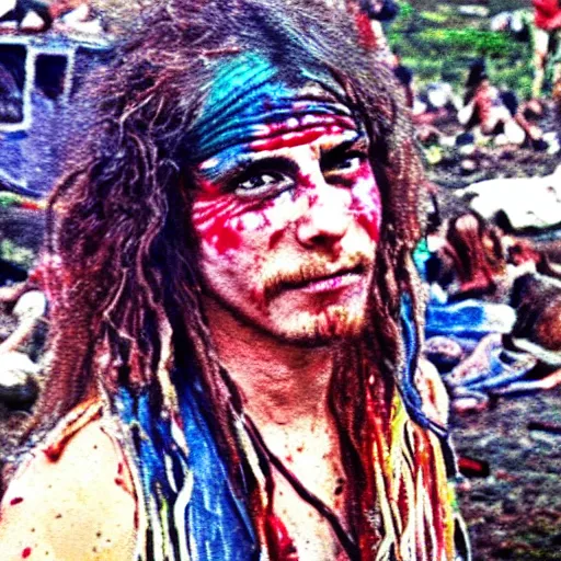 Prompt: an oil painting of a hippy in tie-dye at woodstock 1969, natural colours, character photography, Exquisite detail, post-processing, masterpiece