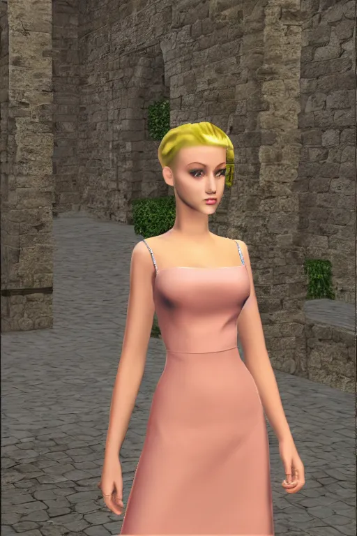 Image similar to beautiful blonde model wearing valentino resort ss 2 0 1 6 dress in a lofi 3 d psx rpg style, fashion gameplay screenshot, highly detailed