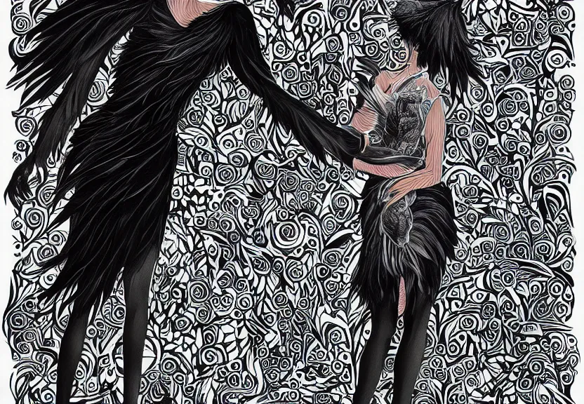 Image similar to little girl with a short black haircut wearing a dress made of black feathers, artwork in disney art style, anatomically perfect