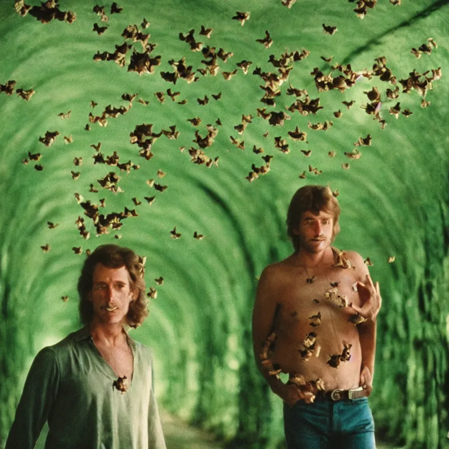 Prompt: 7 0 s movie still of a man with a chest full of moth in a green tunnel, cinestill 8 0 0 t 3 5 mm eastmancolor, heavy grain, high quality, high detail