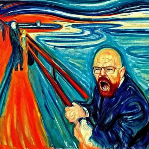 Prompt: Walter White screaming, expressive oil painting by Edvard Munch