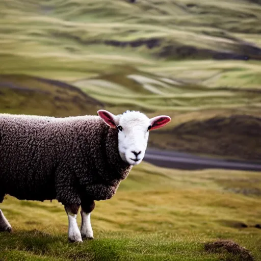 Image similar to portrait photo of a sheep wearing a sweater, iceland, grey sky, green hills, taken by Nikon, movie still,