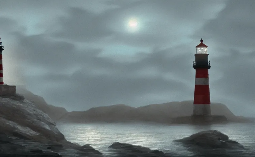 Image similar to lighthouse in the night, directed by charlie kaufman ( 2 0 0 1 ) anamorphic lenses, a rocky shore in the foreground, foggy volumetric light morning, a beam of light from the heavens, cinematic trending on artstation in the style of greg rutkowski