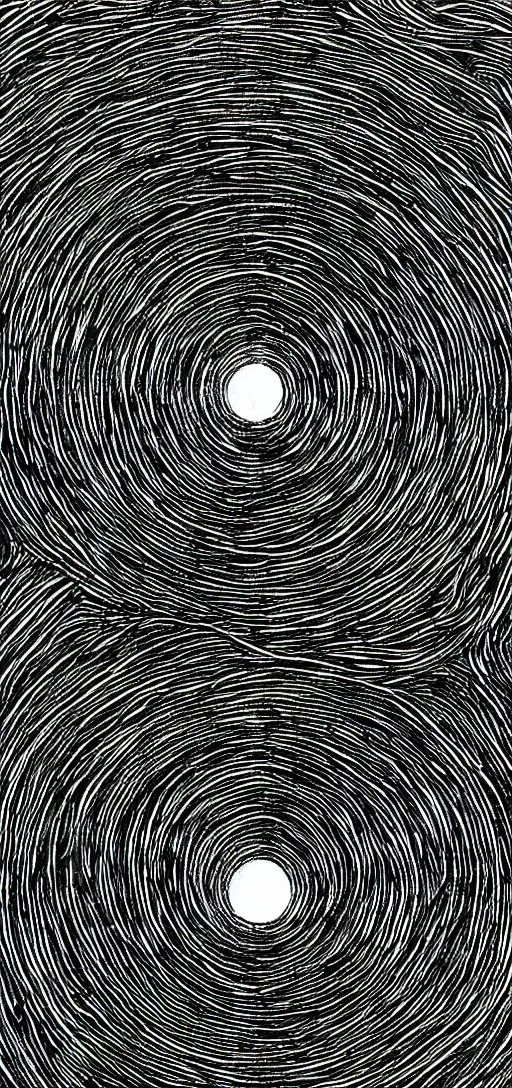 Image similar to A black hole with event horizon in the center with space around it, high detail, Junji Ito. Pastel colors.