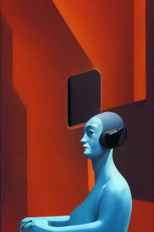 Prompt: woman wearing oculus and digital glitch head edward hopper and james gilleard, zdzislaw beksisnski, higly detailed