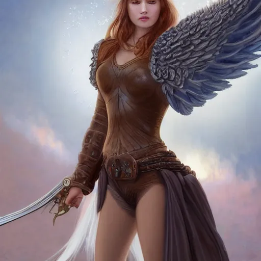 Prompt: portrait of young aasimar angel girl maiden wearing comfy leather armor with beautiful feathered angel wings, cute face, brown eyes, Alison Williams, Emma Roberts, Blizzard, Diablo, by artgerm and greg rutkowski and alphonse mucha and andrei riabovitchev, 4k oil on linen, vivid colors, colorful, high dynamic range, HDR, intricate, elegant, highly detailed, digital painting, artstation, concept art, smooth, sharp focus, illustration