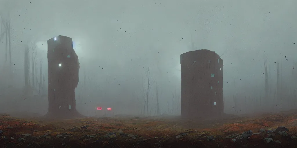 Prompt: A digital painting by Simon Stålenhag of Iceland´s gravel road monumental old ruins tower of a dark misty forest,overcast, sci-fi of Iceland landscape.