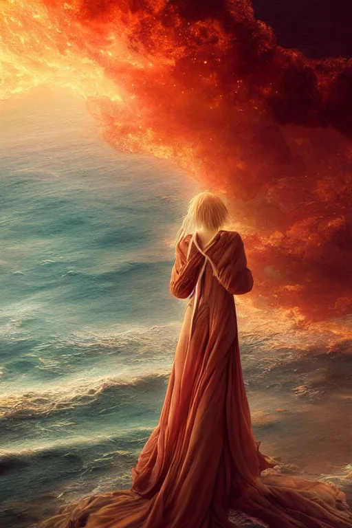 Image similar to ocean of canvas catching fire, magical, emotional, concept art, art nouveau, inspired by reylia slaby, peter gric, volumetric lighting, intricate, ornate