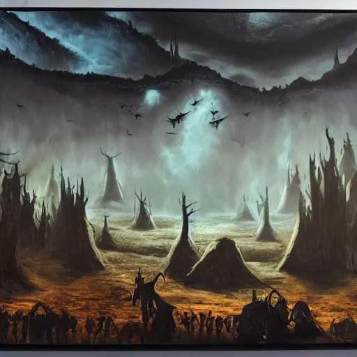 Image similar to big dark landscape, fantasy world, chilling overwhelming oil painting, brutal unforgiving creatures waiting in the shadows, hopeless and dreadful sounds of tortured people