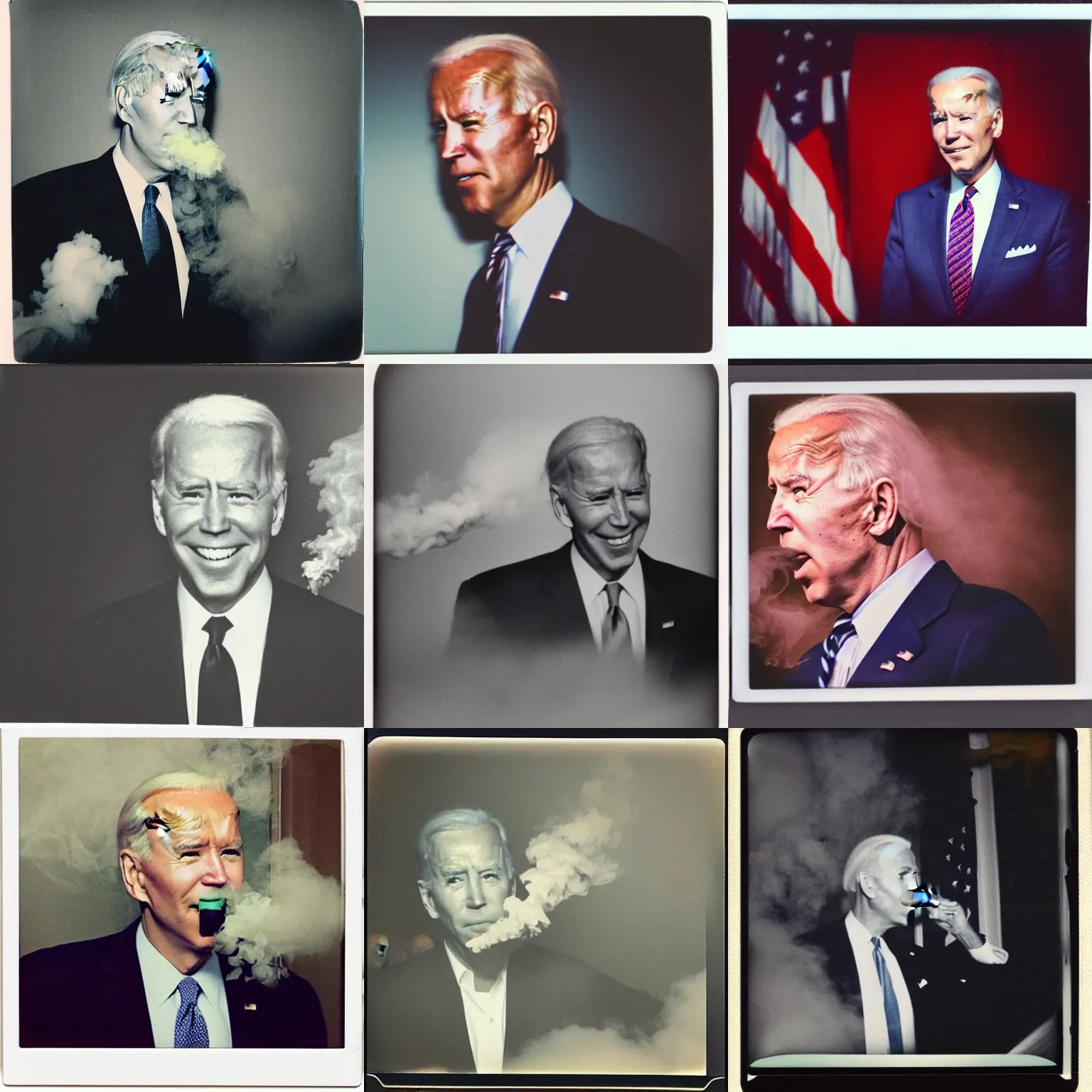 Prompt: blurry Polaroid image of Joe Biden vaping