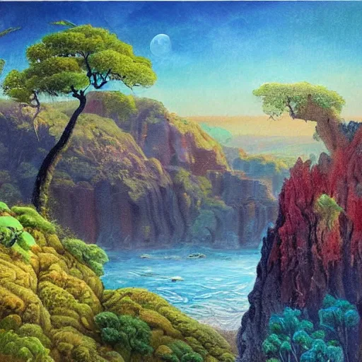 Image similar to painting of a lush natural scene on an alien planet by igor grabar. beautiful landscape. weird vegetation. cliffs and water.