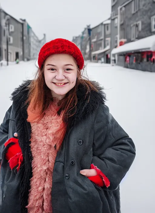 Prompt: Mid-shot portrait of a beautiful 20-year-old woman from Iceland, smile, happy, candid street portrait in the style of Martin Schoeller award winning, Sony a7R