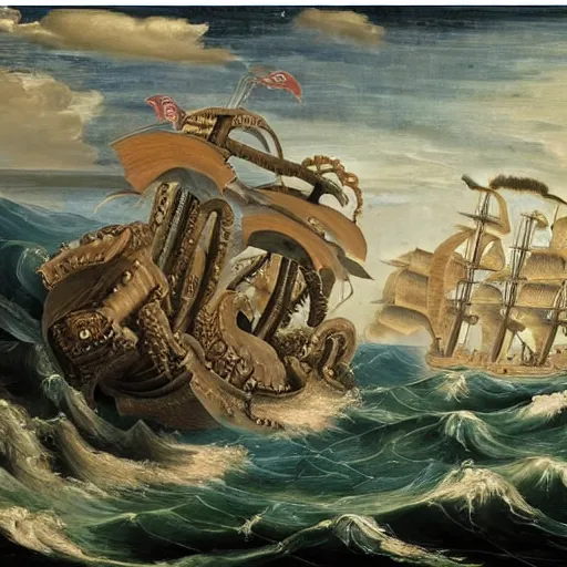 Prompt: kraken attacking a pirate ship in the ocean, renaissance oil painting, 8 k, highly ornate intricate details, extreme detail,