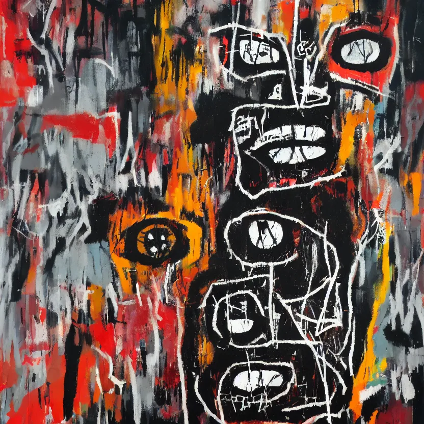 Image similar to gritty splattered punk painting of a geometric face with surprised expression on a black background, painted by basquiat. dark background. trending on artstation.