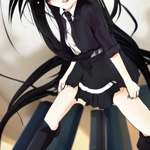 Image similar to luxury advertisement, astonishing portrait of a very beautiful anime schoolgirl with black bob hair in style of cytus and deemo, full perfect face, she is dancing, set in Half-life. Realistic, highly detailed background, artstation, 120 degree view, drawn by Sasoura, Satchely and Akihiko Yoshida, no distortion