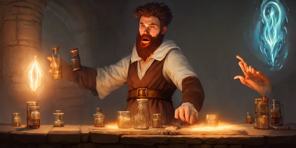 Image similar to a handsome bearded white male mage with brown hair he is casting a spell emanating from his hands, he is in a alchemist workshop filled with beakers and equipment, open hands, sharp focus, waist up, trending on artstation, by greg rutkowski, rudy siswanto and anna podedworna