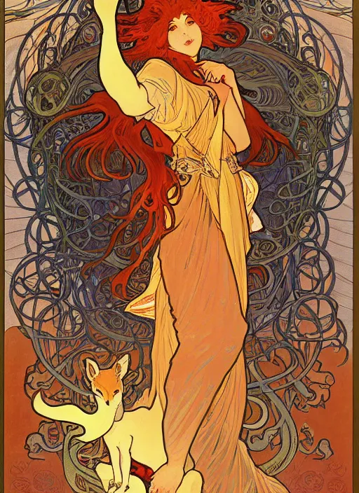 Image similar to spirit of the fox dragon in fiery tale forest in artnouve style by alphonse mucha hiroshi yoshida. artstation trending