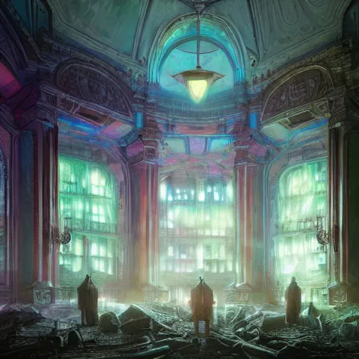 Prompt: eldritch legislature, fantasy, realistic colorful photography, interior, hyperrealism, incredible, award - winning photography, regal, rich colors, by greg rutkowski, lovecraftian, purple pink blue