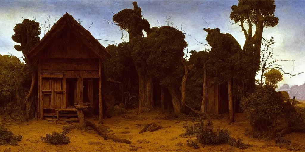 Image similar to An overgrown wood cabin in the middle of a desert, painting by Caspar David Friedrich, Caravaggio, highly detailed,