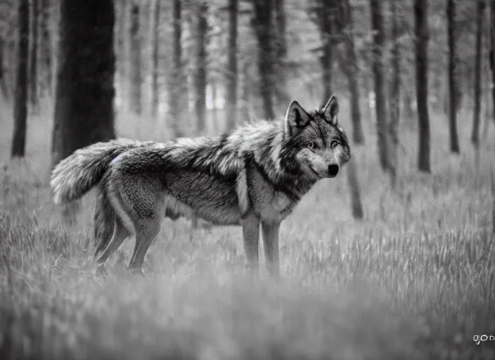 Image similar to wolf in the wood by Jakub Rozalski, lomography photo, blur, monochrome, 35 mm