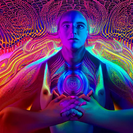 Prompt: a psychedelic 3 d octane render of a dmt trip by jonathan solter and alex grey, hyperrealistic, dramatic lighting, 8 k, unreal engine