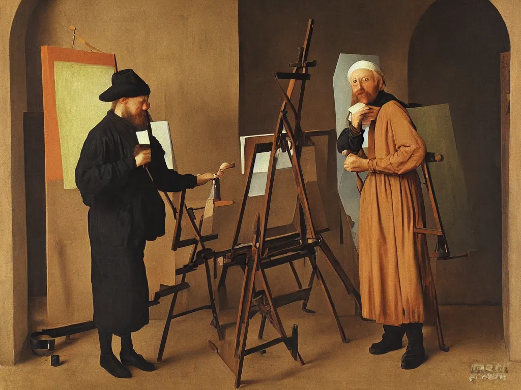 Prompt: portrait of a painter at his easel, canvas. painting by jan van eyck, august sander.