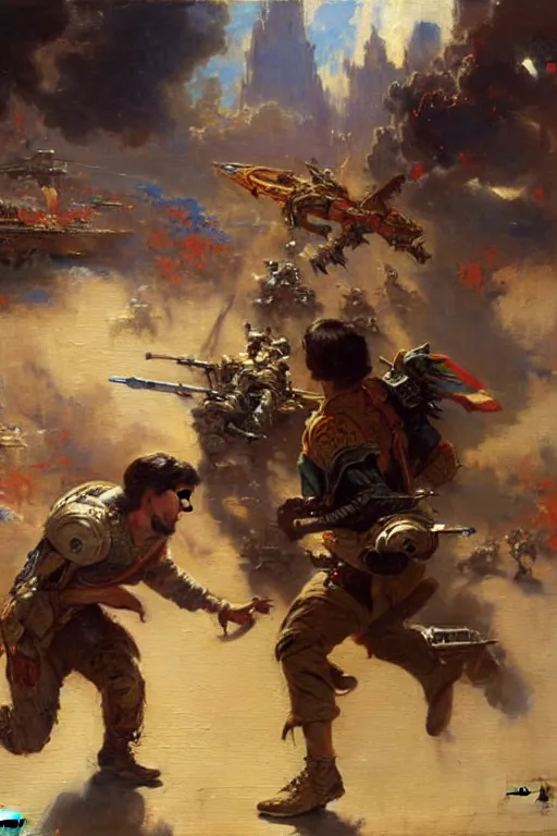 Image similar to war between drake and josh, painting by gaston bussiere, craig mullins