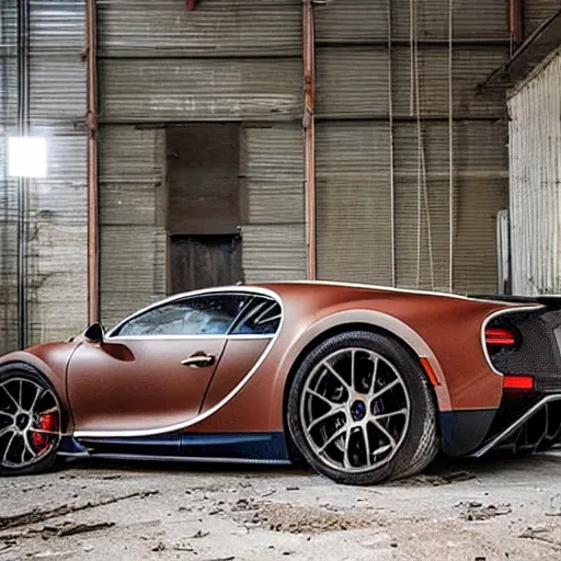 Image similar to an abandoned, derelict, ( really rusty ) bugatti chiron in a dirty warehouse