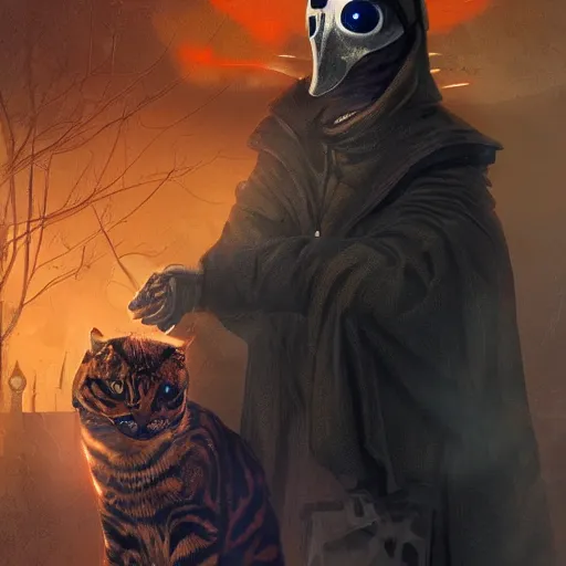 Prompt: a plague doctor with techno armor with rgb lights holding a bengal cat and an orange tabby cat in a graveyard, scary, spooky, by greg rutkowski