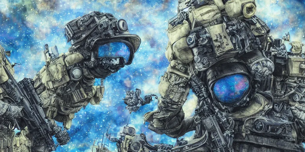 Image similar to military sci fi muppet special forces soldiers,inks,octane render photorealistic, blue,gold,white,black octane render, insanely detailed, realistic, + psychedelic, cosmic energy by Kelly McKernan, yoshitaka Amano, hiroshi yoshida, moebius, loish, artgerm, happy,joyful, painterly, symmetrical and detailed hyperdetailed 8k, moebius,steven wiltshire, , hyper detailed,high contrast,vivid psychedelic colors,, Neon Genesis Evangelion, mathematics and geometry, loony toons, saturated, sun rays + Laurie Greasley + Katsuhiro Otomo, Craig Mullins, 8k, octane render, trending on artstation, hyper detailed,