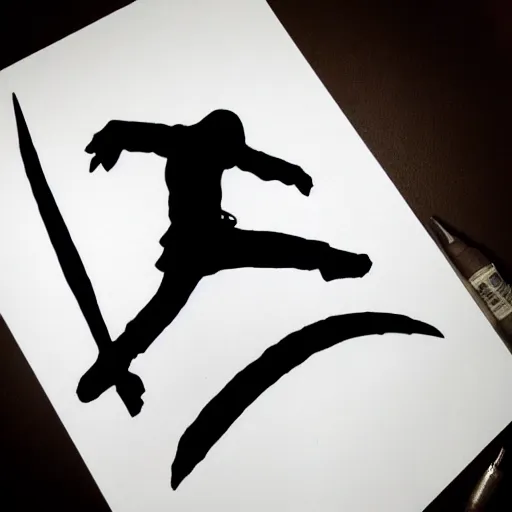 Image similar to tattoo design, stencil, a ninja jumping in the air slashing a sword