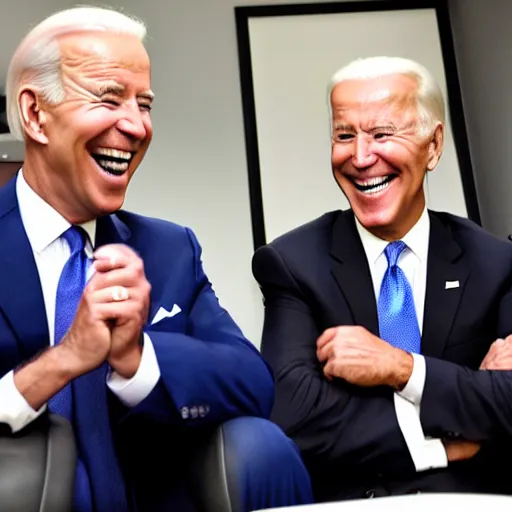 Image similar to stock photo of kim kardashian, and joe biden wearing suits and ties laughing in an office building, 8k resolution, full HD, cinematic lighting, award winning, anatomically correct