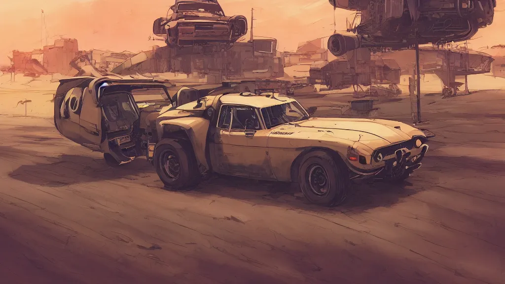 Image similar to digital illustration of mad max's fj 4 0 pursuit special, the last v 8 interceptor driving down a deserted cyberpunk highway in the middle of the day by studio ghibli, anime style year 2 0 9 3, by makoto shinkai, ilya kuvshinov, lois van baarle, rossdraws, basquiat