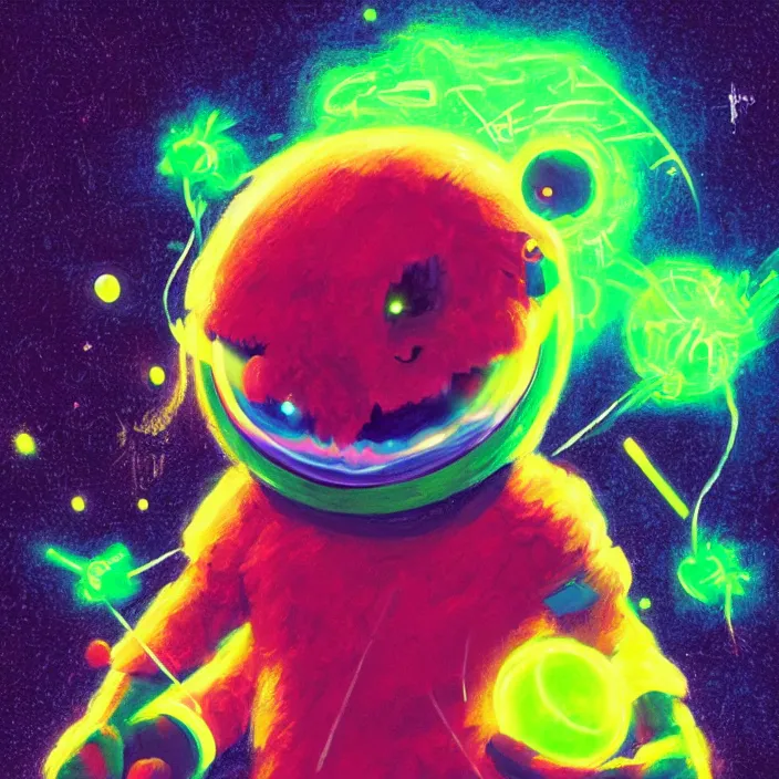 Image similar to cinematic portrait of a cute tennis ball monster in space, neon lasers, chalk, masterpiece, trending on artstation, featured on pixiv, cinematic composition, dramatic pose, beautiful lighting, sharp details, hyper - detailed, hd, hdr, 4 k, 8 k, art by basil gogos