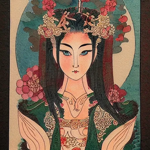 Image similar to Elven goddess in the style of Chinese watercolor,