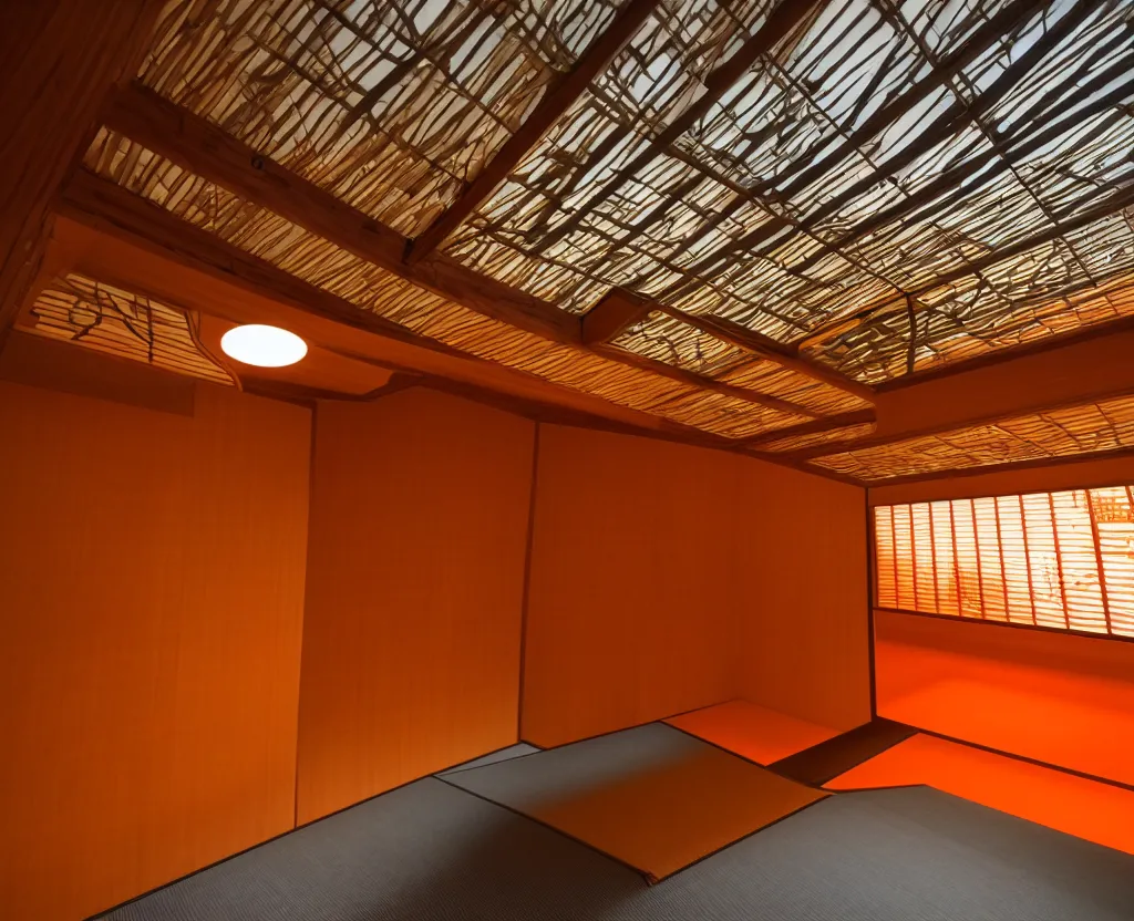 Image similar to real estate photo of the interior of a futuristic japanese house with traditional japanese garden, dramatic lighting, smoke, ceiling fluorescent lighting, black and orange colour palette, wide angle shot