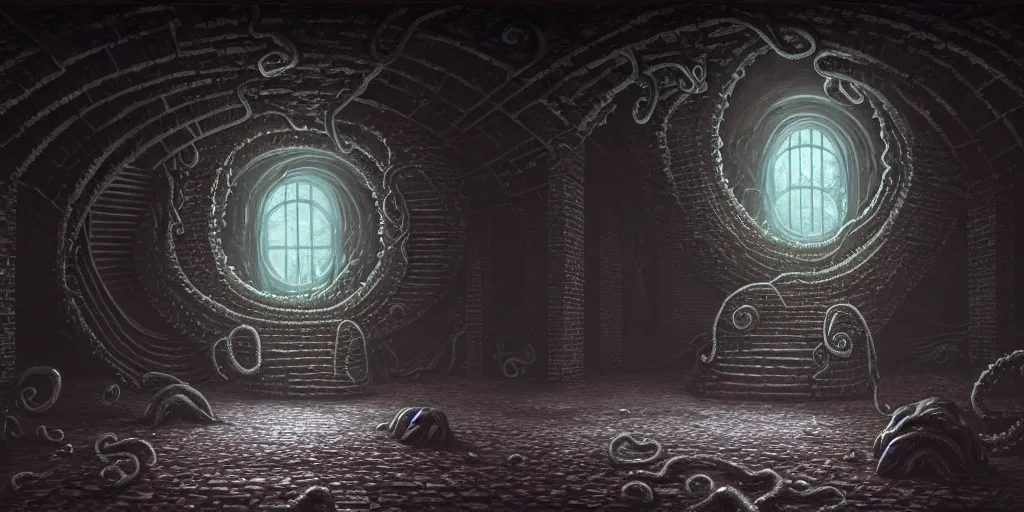 Image similar to a lovecraftian tentacle monster inside of a stone brick room, matte oil painting, staircases, cosmic, concept art, nebula, high fantasy, extremely detailed, disturbing, trauma, award - winning, 4 k, 8 k